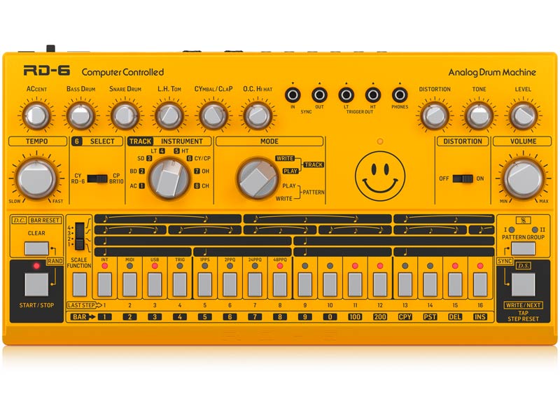 Behringer RD-6-AM Analog Drum Machine Acid Smiley Edition, 8 sounds: bass & snare drum, low & high tom, cymbal, clap, open & closed hi-hat