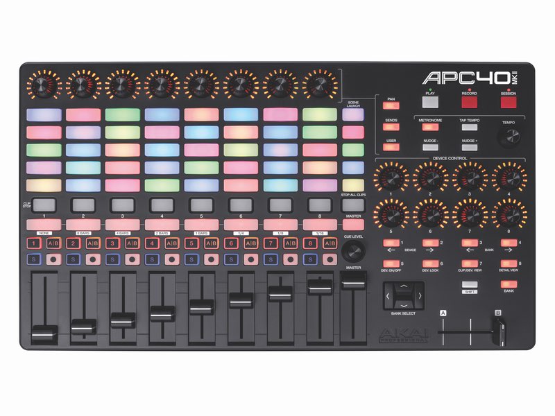 Akai APC 40 mk2 is an Ableton Live performance controller for tactile clip launching with assignable sliders, rotary knobs and cross fader