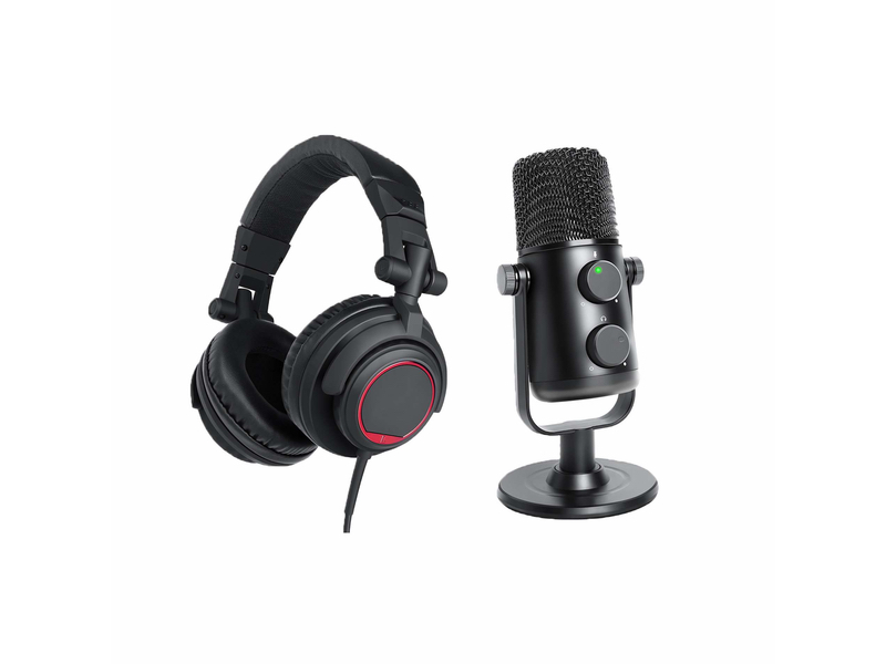 PowerStudio VIBE Podcast BUNDLE. Pack Vibe inclui um microfone de estúdio com ligação USB e auscultadores fechados dinâmicos