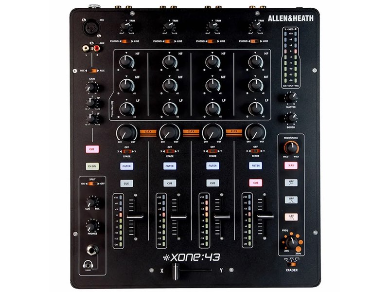 Created for DJs, Allen & Heath Xone 43 a 4+1 channel DJ mixer that offers the very best of analogue audio quality, incl. the legendary filter