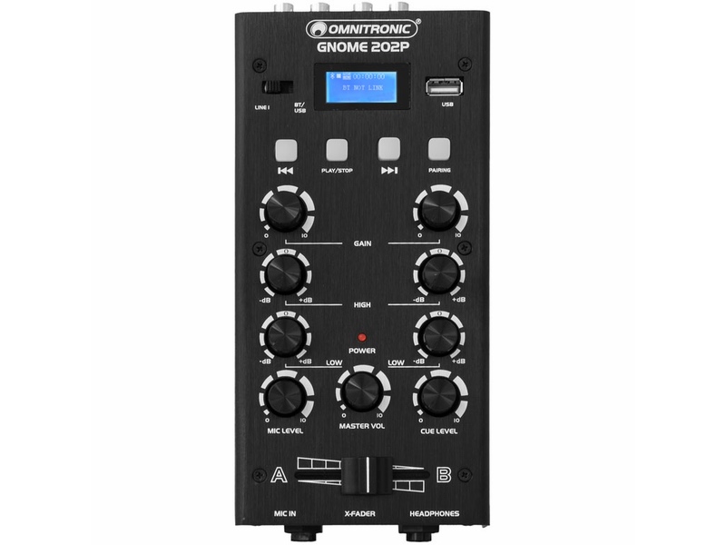 Omnitronic Gnome-202P Black Super portable and lightweight DJ 2 Channel mixer USB and Bluetooth Player. Perfect as back up for mobile DJs.