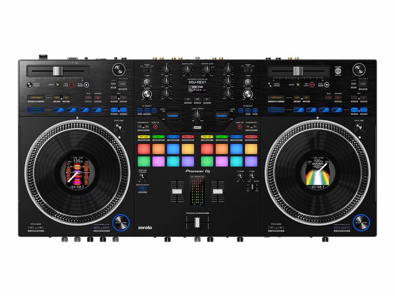 Pioneer DJ DDJ-REV7 get the most from the Serato DJ Pro performance software and boasts a brand-new design that includes large, motorized jog