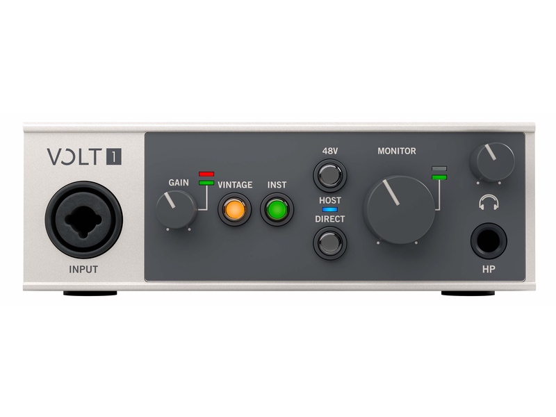 Universal Audio VOLT 1 gives 1-in/2-out audio connections. Plug mics or instruments into the front panel. Then connect speakers or headphones
