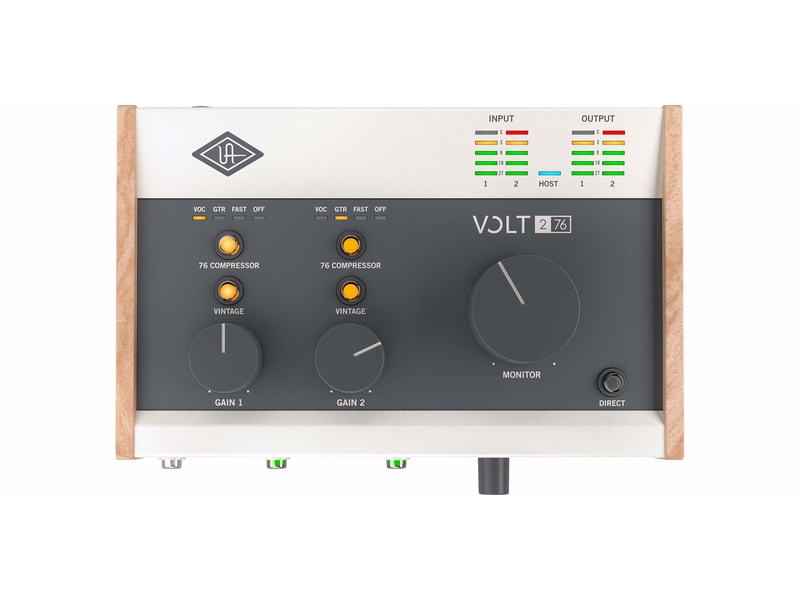 Universal Audio VOLT 276 gives simple 2-in/2-out audio connections. Plug mic or instrument into front panel. Connect speakers or headphones