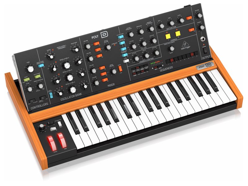 Behringer Poly D Analog 4-Voice Polyphonic 37 Keys, 4 VCOs, Classic Ladder Filter, LFO, BBD Stereo Chorus, Distortion, 32-Step Sequencer Arpeggiator
